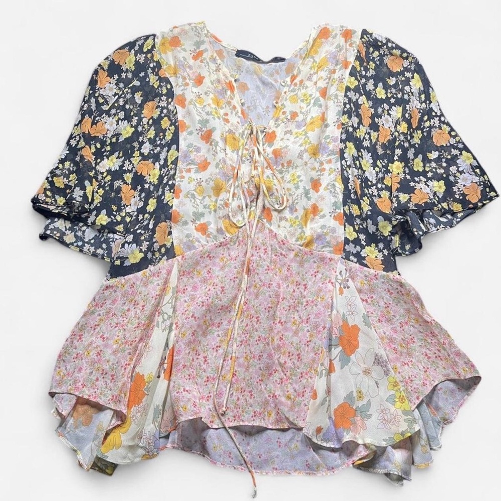 ZARA Multicolor Floral Patchwork Boho Short Sleeve Flowy Top Size XS